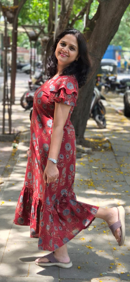 Red Hand block Printed Ajrakh Long One Piece