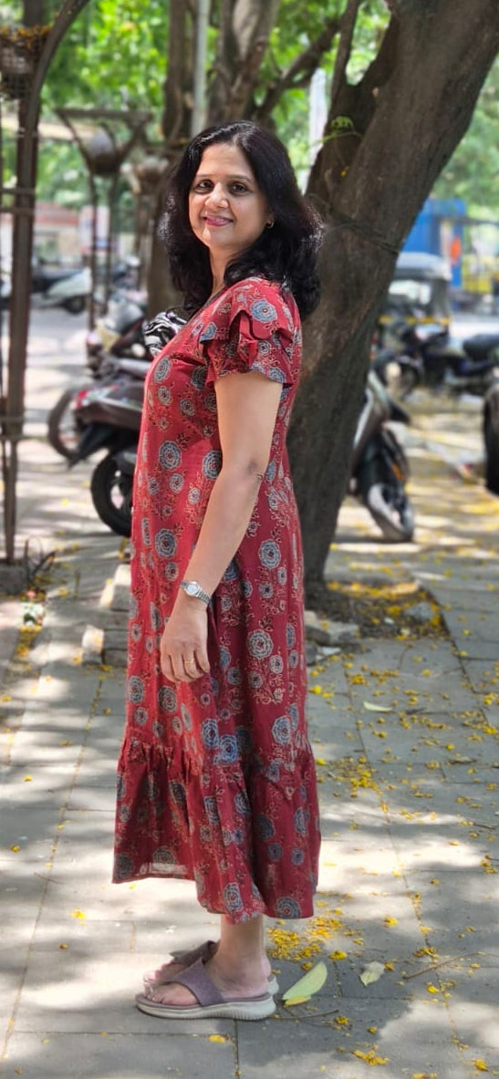Red Hand block Printed Ajrakh Long One Piece
