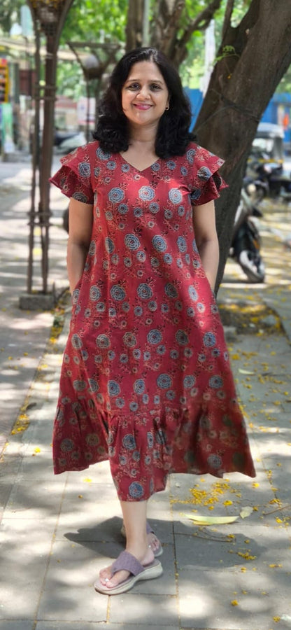 Red Hand block Printed Ajrakh Long One Piece