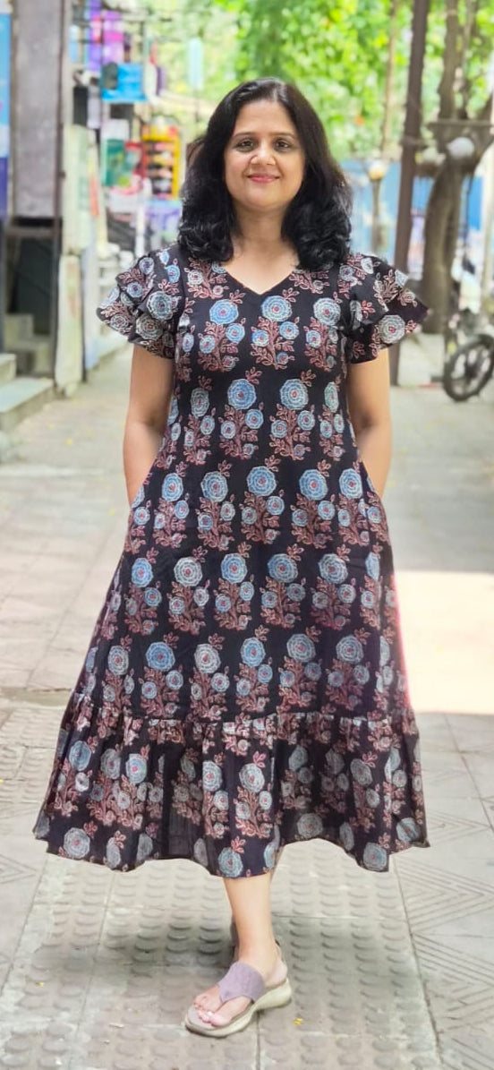 Black Hand block Printed Ajrakh Long One Piece
