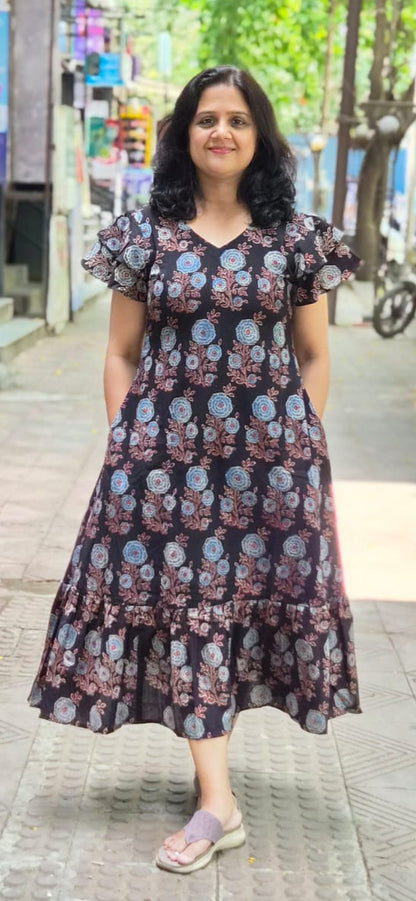 Black Hand block Printed Ajrakh Long One Piece