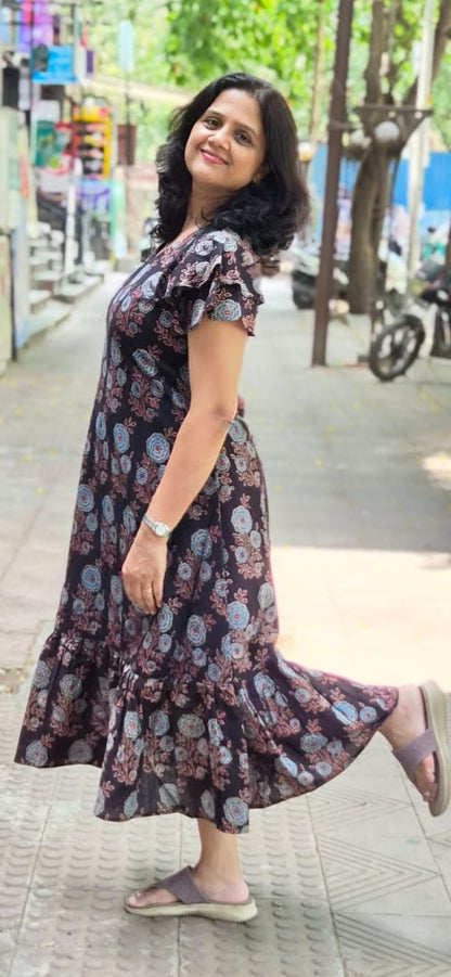 Black Hand block Printed Ajrakh Long One Piece