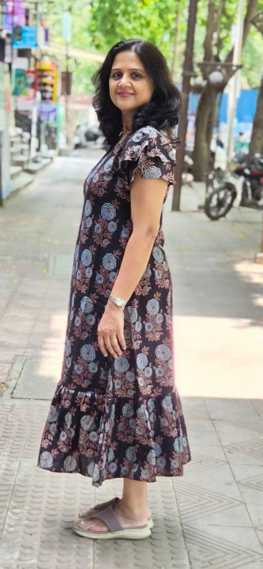 Black Hand block Printed Ajrakh Long One Piece