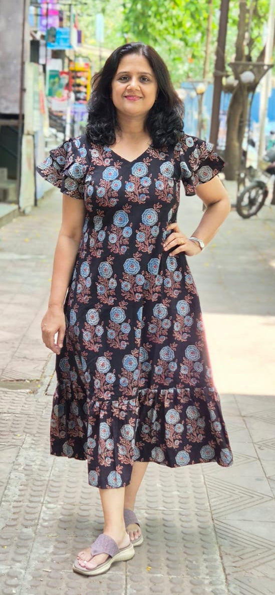 Black Hand block Printed Ajrakh Long One Piece