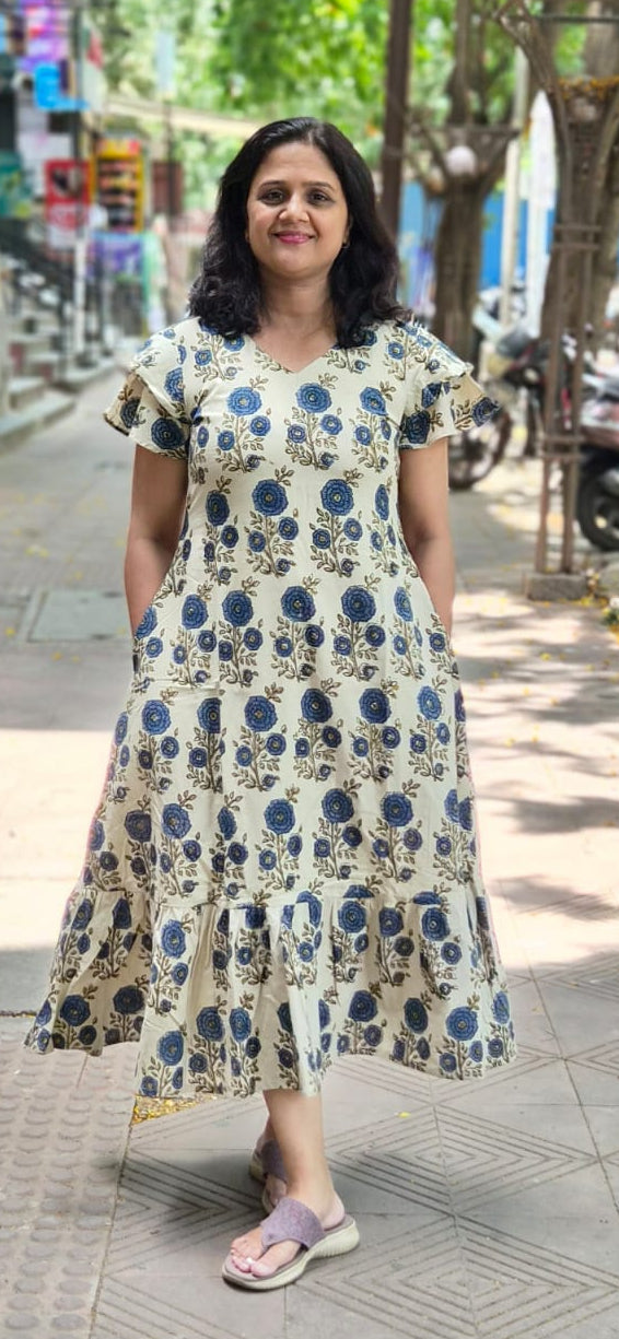 Off White Hand block Printed Ajrakh Long One Piece