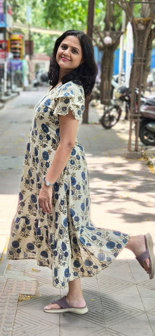 Off White Hand block Printed Ajrakh Long One Piece