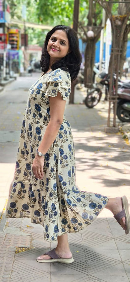 Off White Hand block Printed Ajrakh Long One Piece