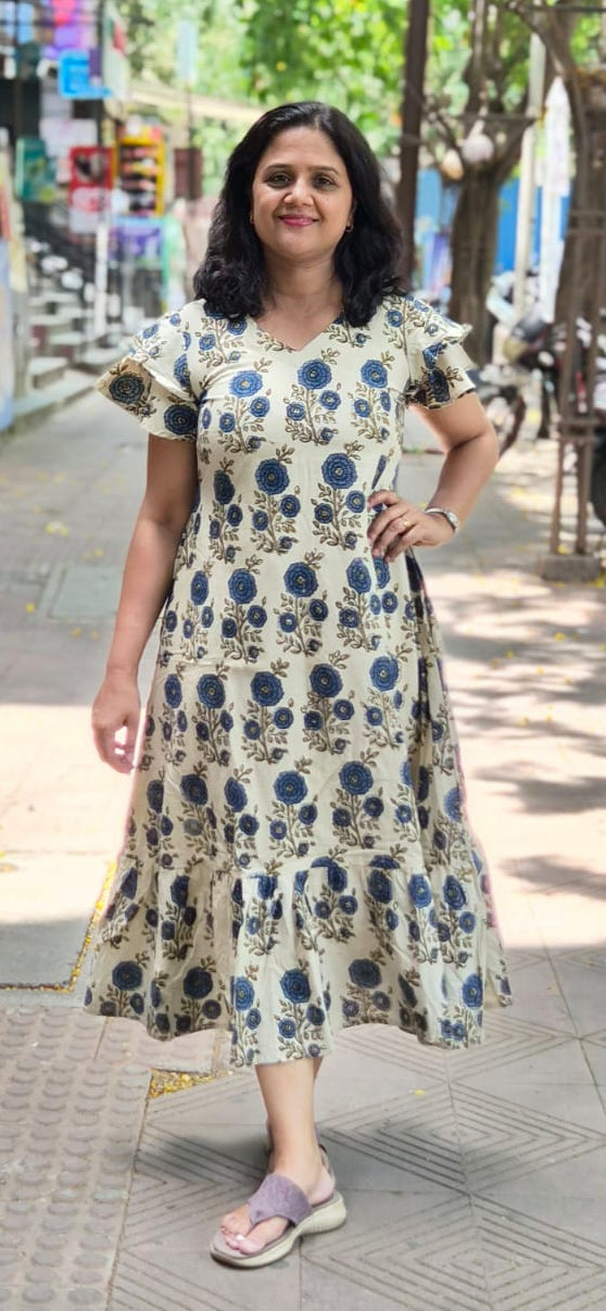 Off White Hand block Printed Ajrakh Long One Piece