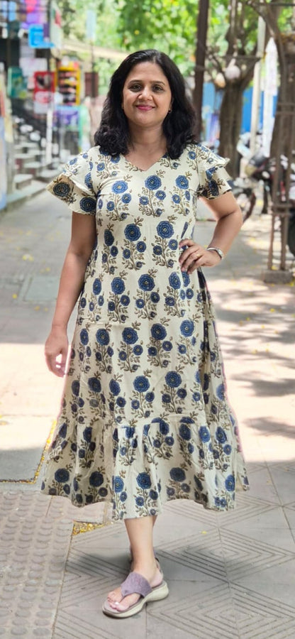 Off White Hand block Printed Ajrakh Long One Piece