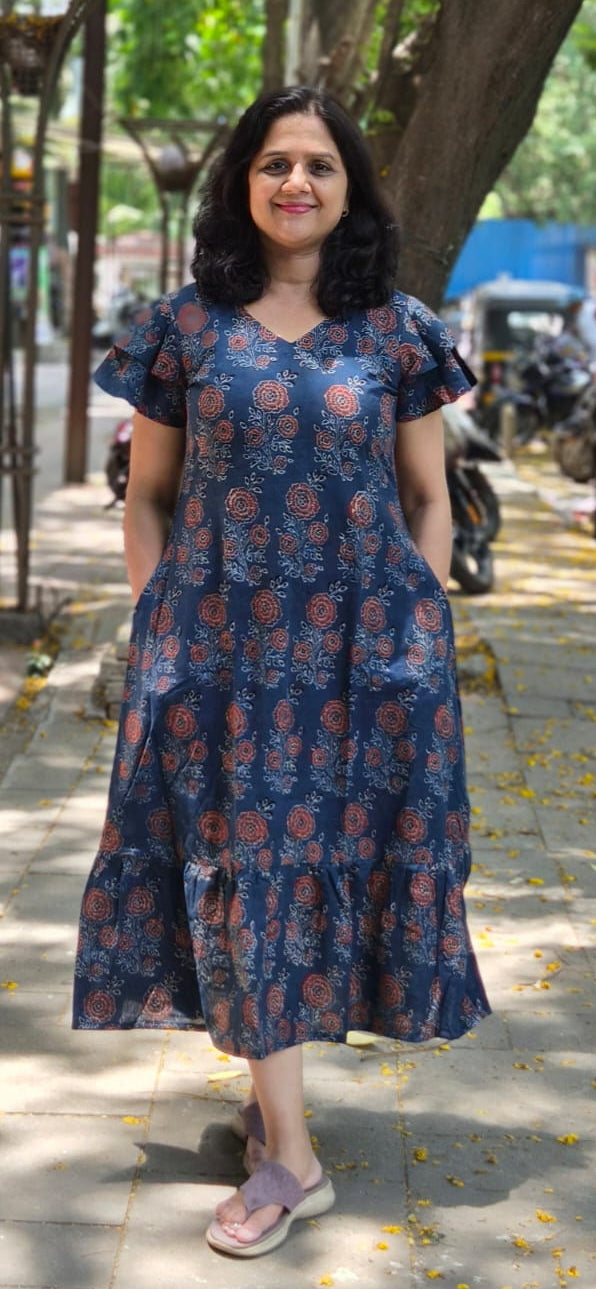 Indigo Hand block Printed Ajrakh Long One Piece