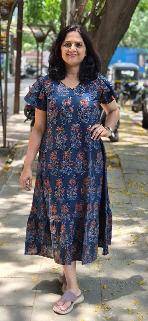 Indigo Hand block Printed Ajrakh Long One Piece