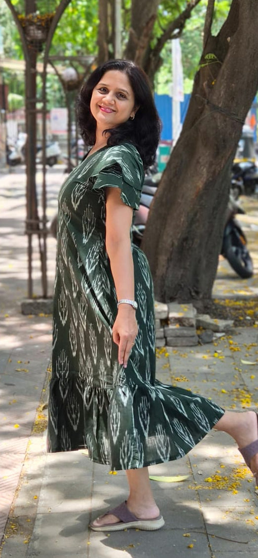 Bottle Green Handloom Ikkat One Piece
