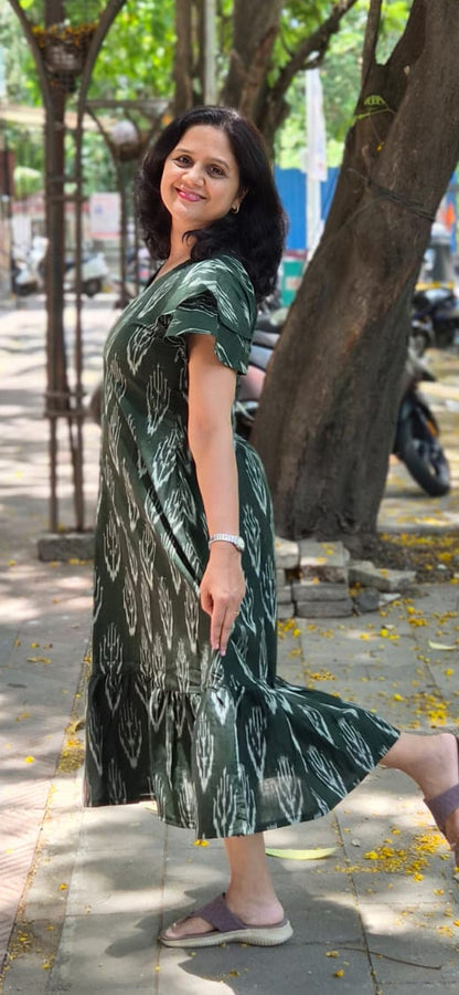 Bottle Green Handloom Ikkat One Piece