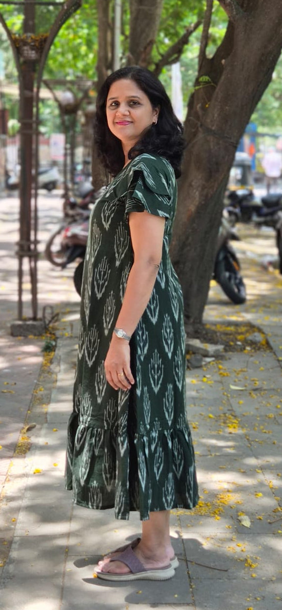 Bottle Green Handloom Ikkat One Piece