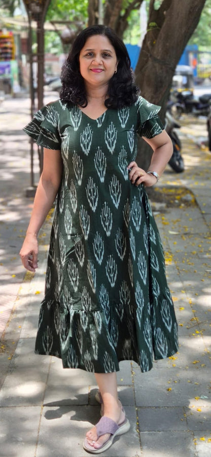 Bottle Green Handloom Ikkat One Piece