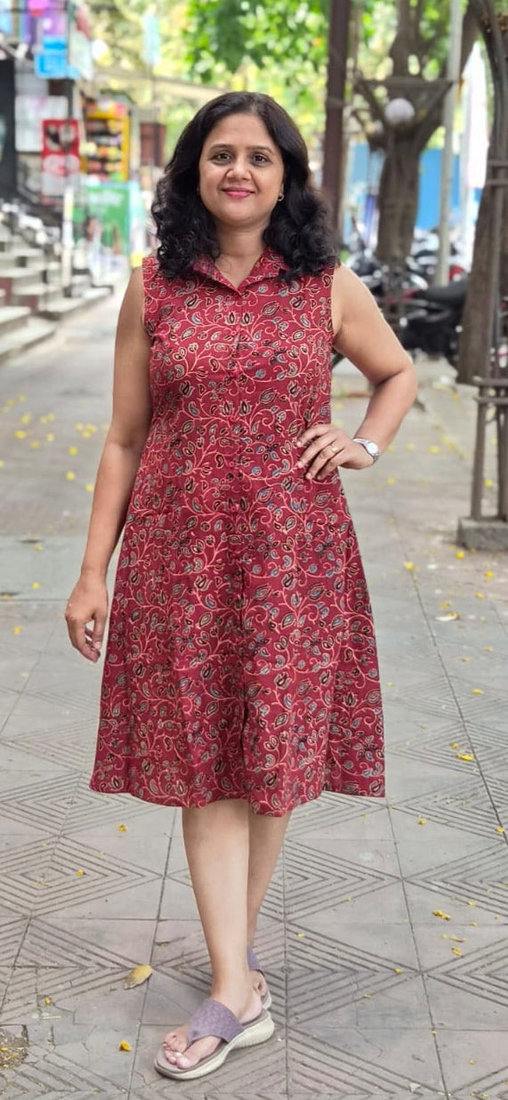 Maroon Ajrakh Cotton Knee Length One Piece