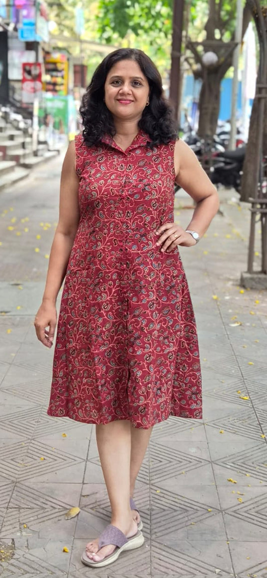 Maroon Ajrakh Cotton Knee Length One Piece