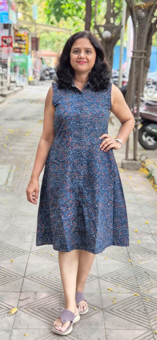Indigo Ajrakh Cotton Knee Length One Piece