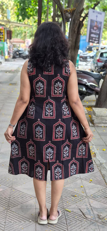 Black Handblock Knee Length Ajrakh One Piece