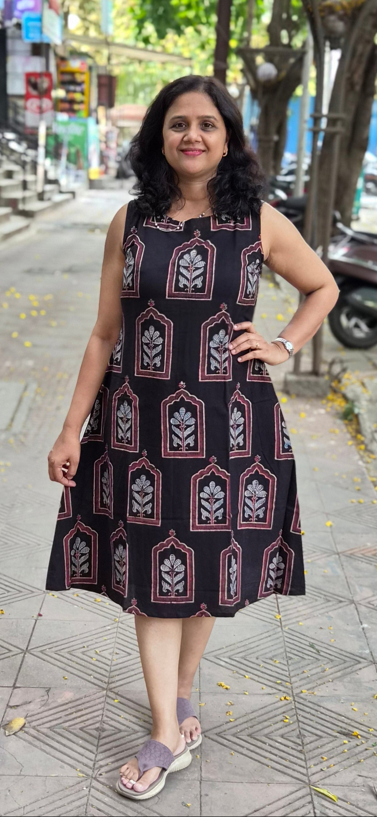 Black Handblock Knee Length Ajrakh One Piece