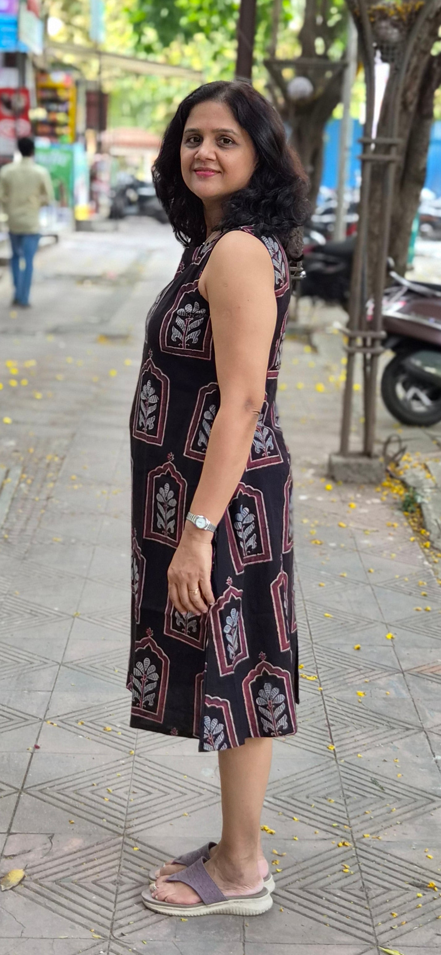 Black Handblock Knee Length Ajrakh One Piece