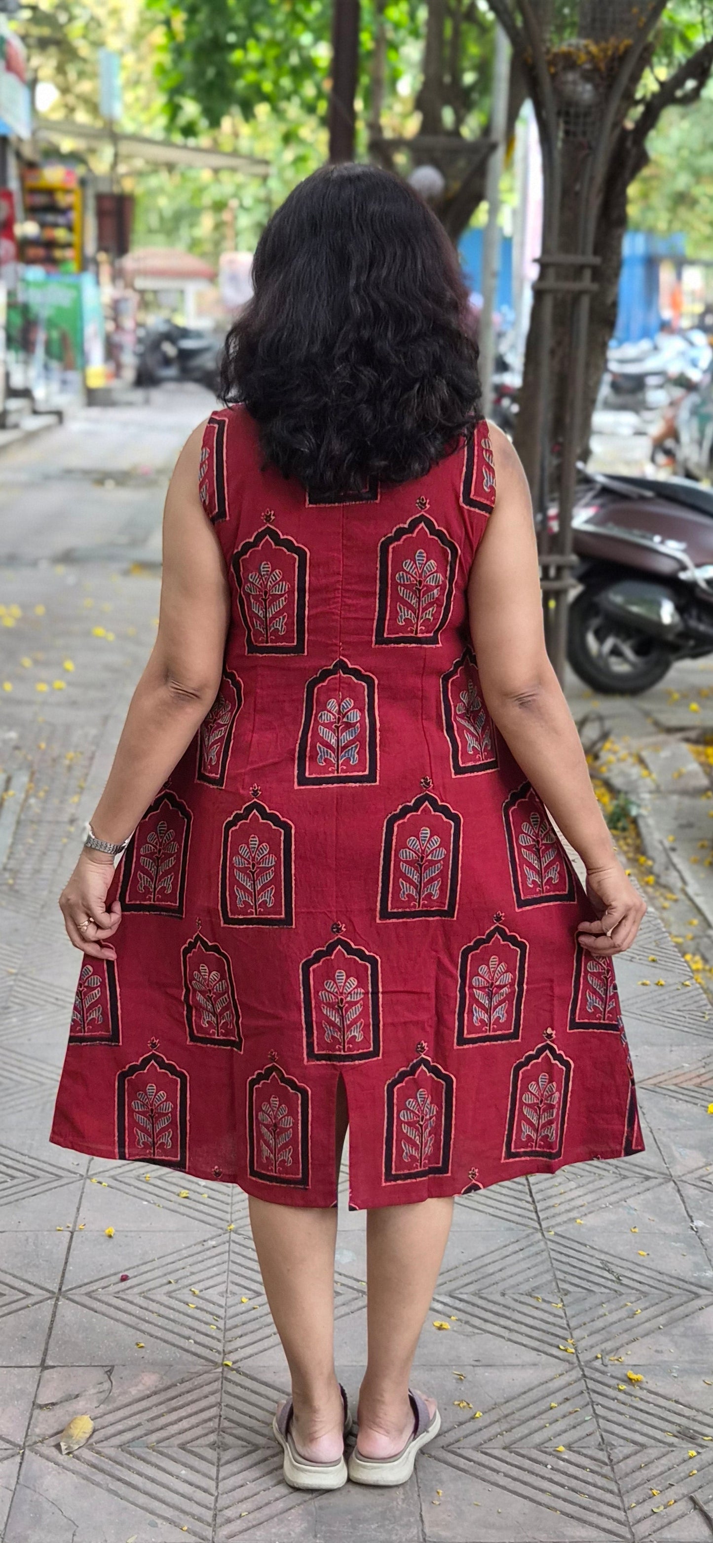 Red Handblock Knee Length Ajrakh One Piece