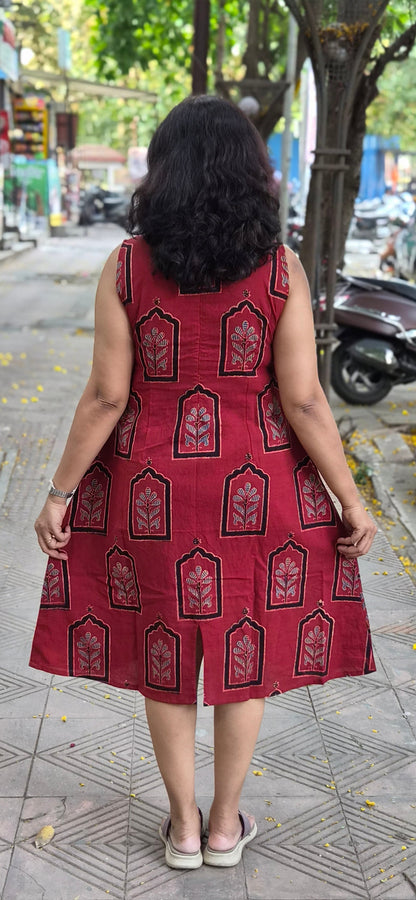 Red Handblock Knee Length Ajrakh One Piece
