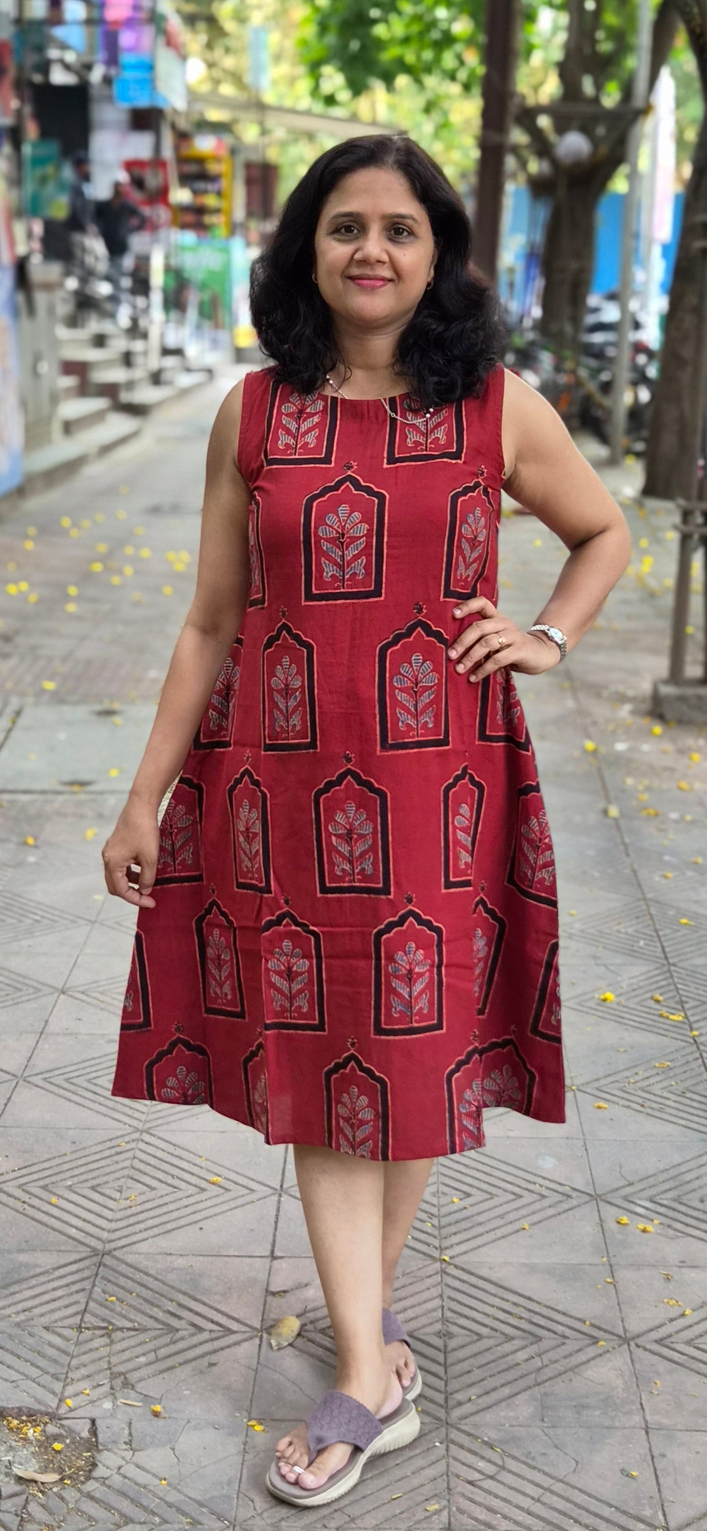 Red Handblock Knee Length Ajrakh One Piece