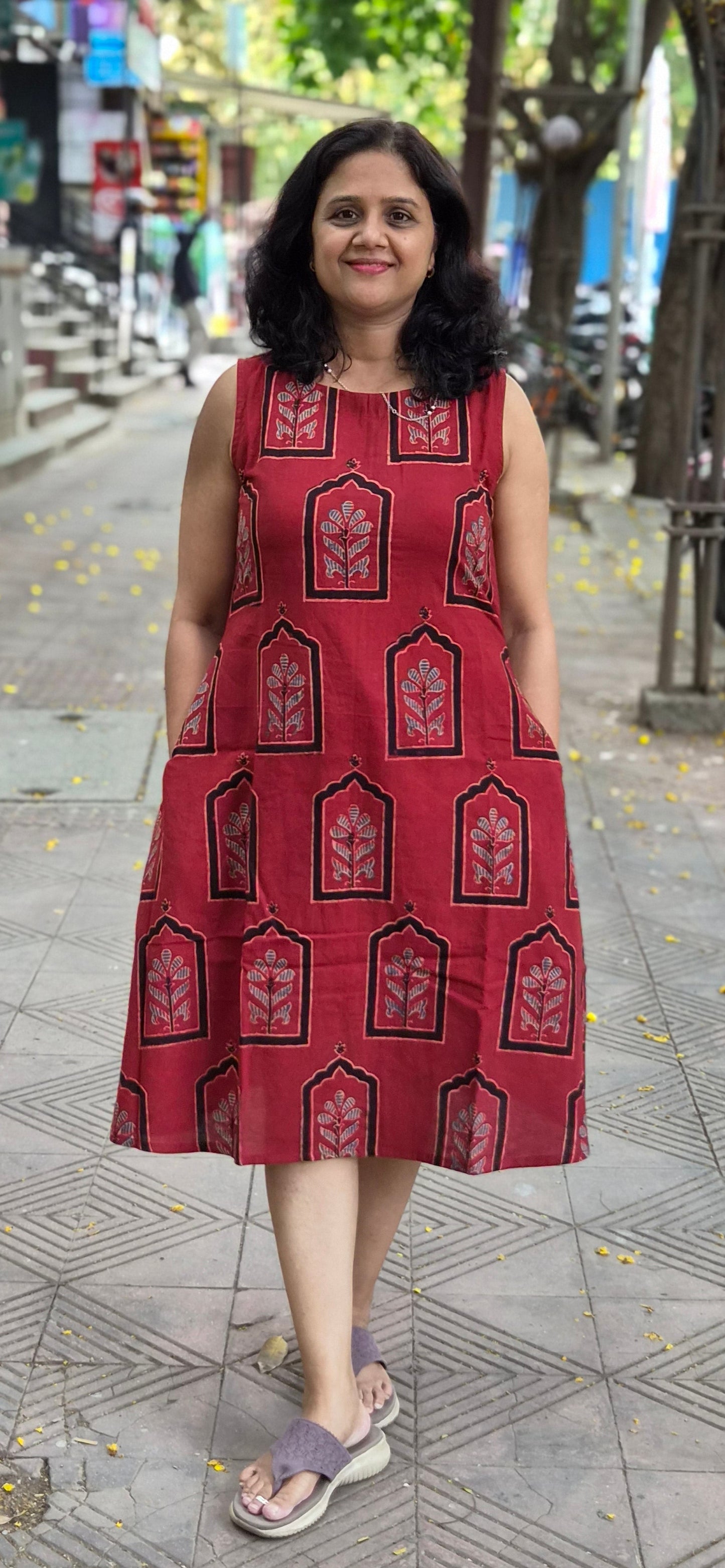 Red Handblock Knee Length Ajrakh One Piece
