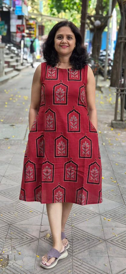 Red Handblock Knee Length Ajrakh One Piece