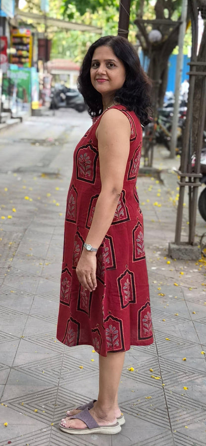 Red Handblock Knee Length Ajrakh One Piece