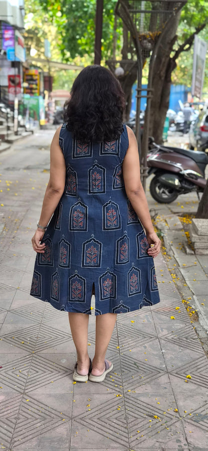 Indigo Handblock Knee Length Ajrakh One Piece