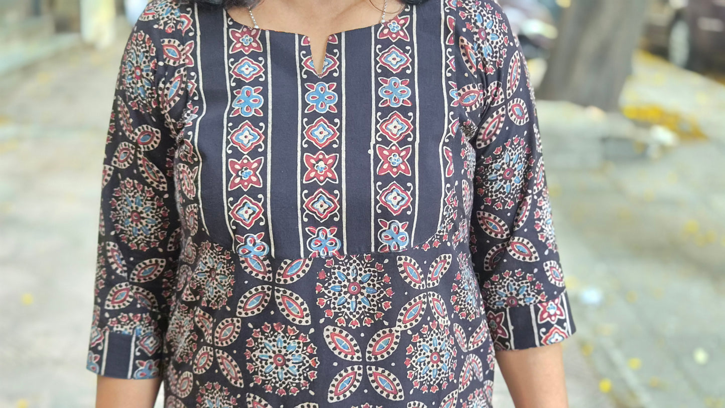 Black Handblock Ajrakh Cotton Kurta