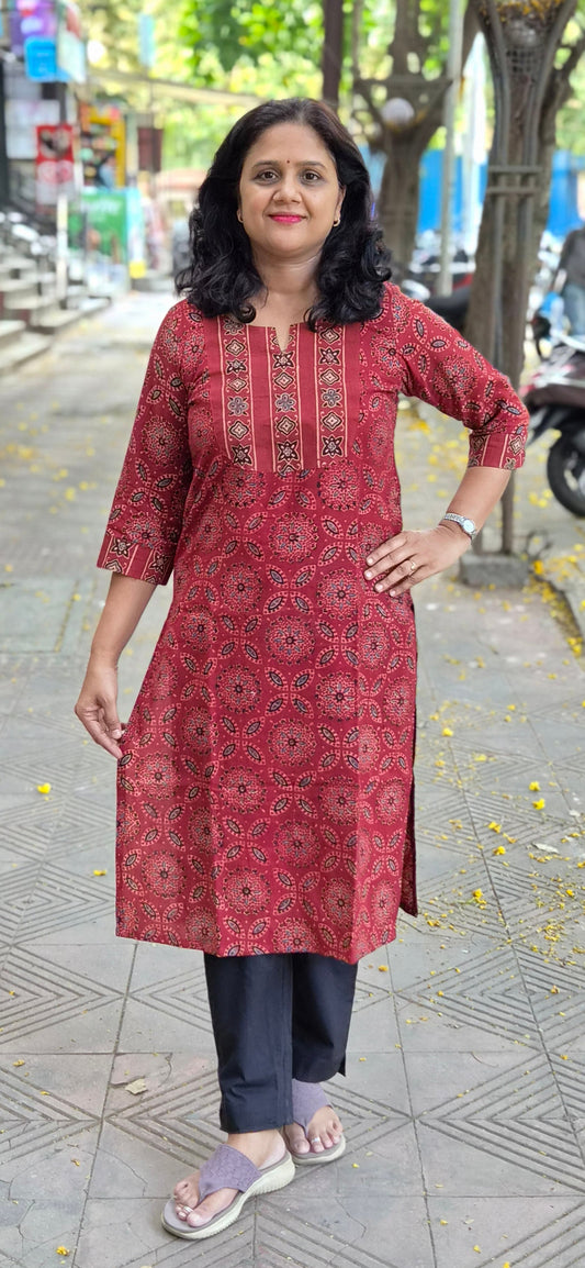 Maroon Handblock Ajrakh Cotton Kurta