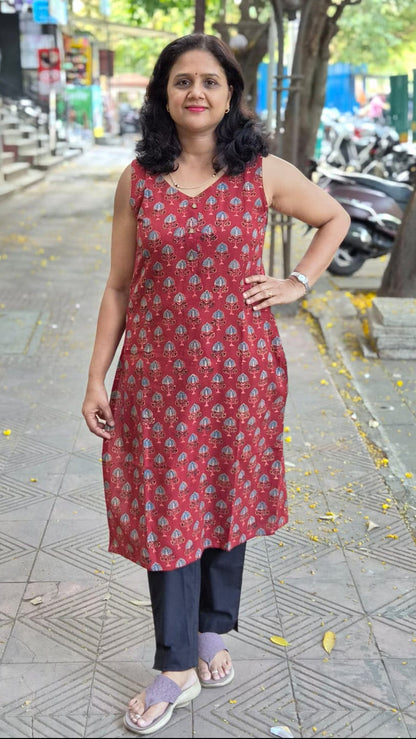Maroon Handblock Ajrakh Cotton Kurta