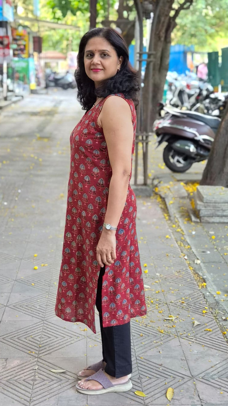 Maroon Handblock Ajrakh Cotton Kurta