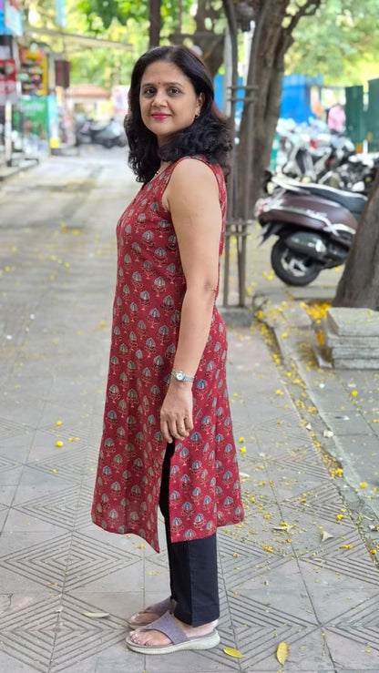 Maroon Handblock Ajrakh Cotton Kurta