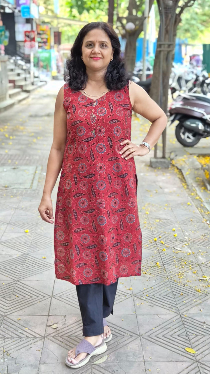 Maroon Handblock Ajrakh Cotton Kurta