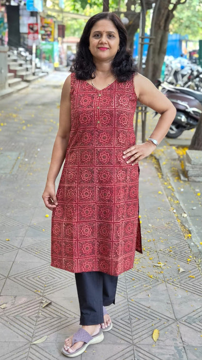 Maroon Handblock Ajrakh Cotton Kurta