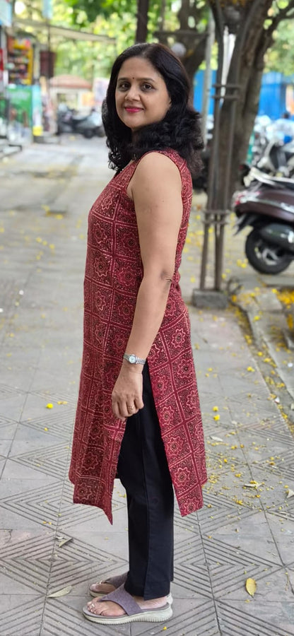 Maroon Handblock Ajrakh Cotton Kurta