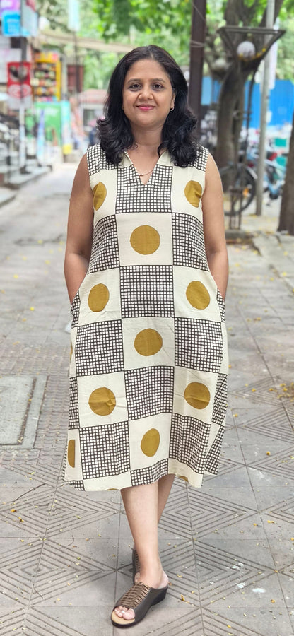 Mustard Yellow Pure Cotton Bagru Knee Length One Piece