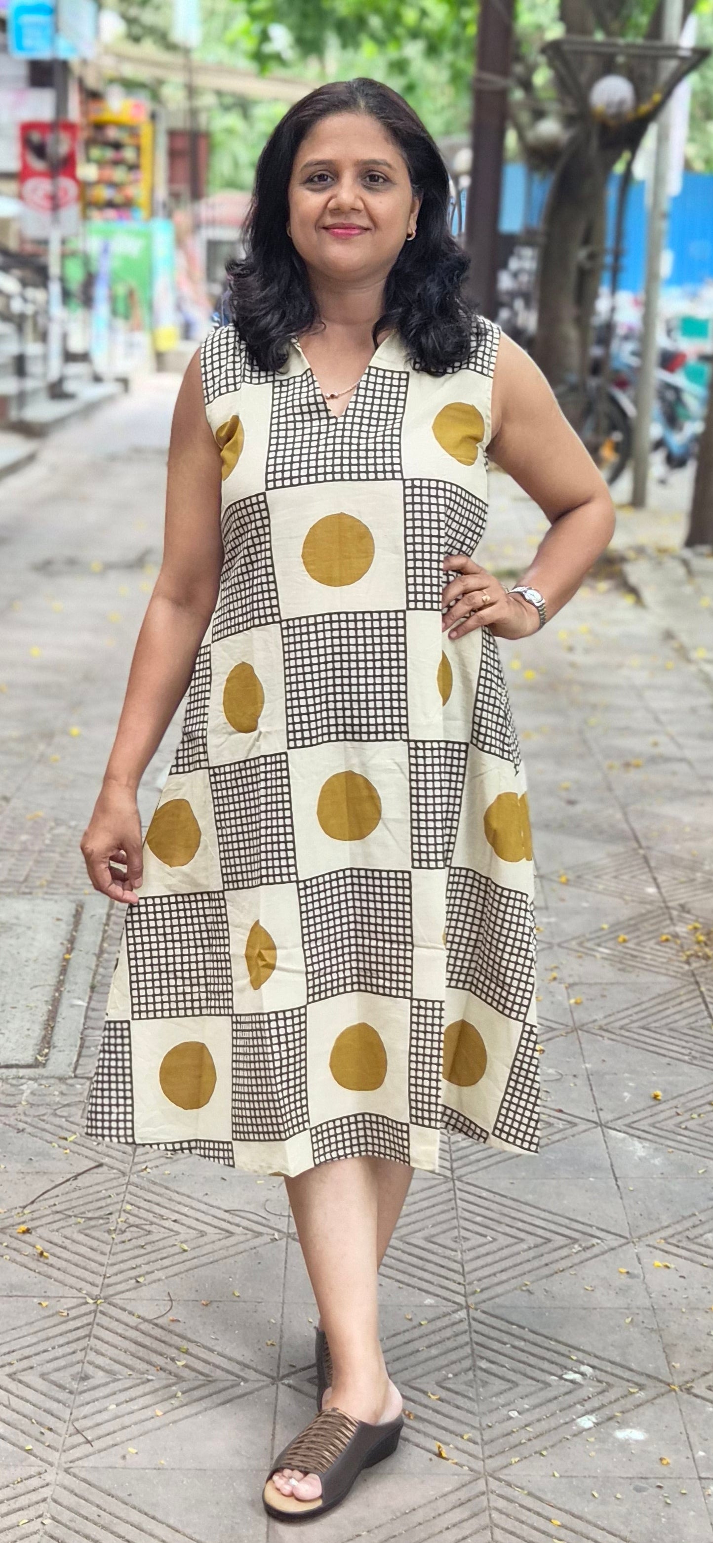 Mustard Yellow Pure Cotton Bagru Knee Length One Piece