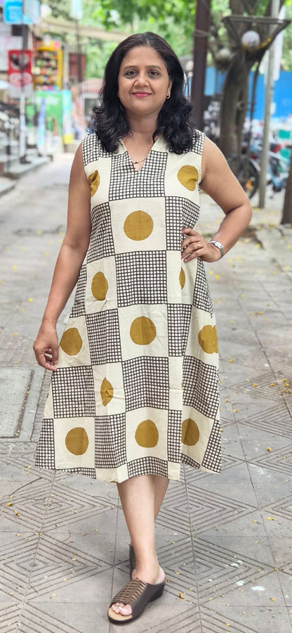 Mustard Yellow Pure Cotton Bagru Knee Length One Piece