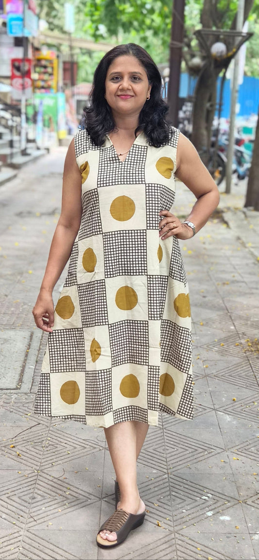 Mustard Yellow Pure Cotton Bagru Knee Length One Piece