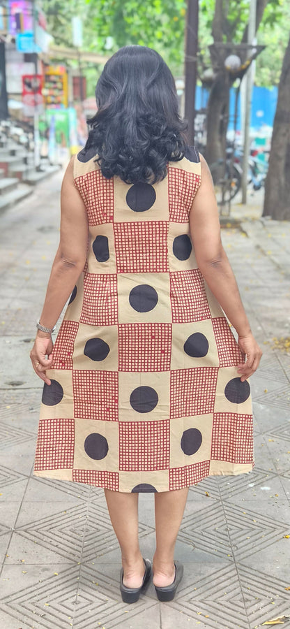 Maroon Pure Cotton Bagru Knee Length One Piece