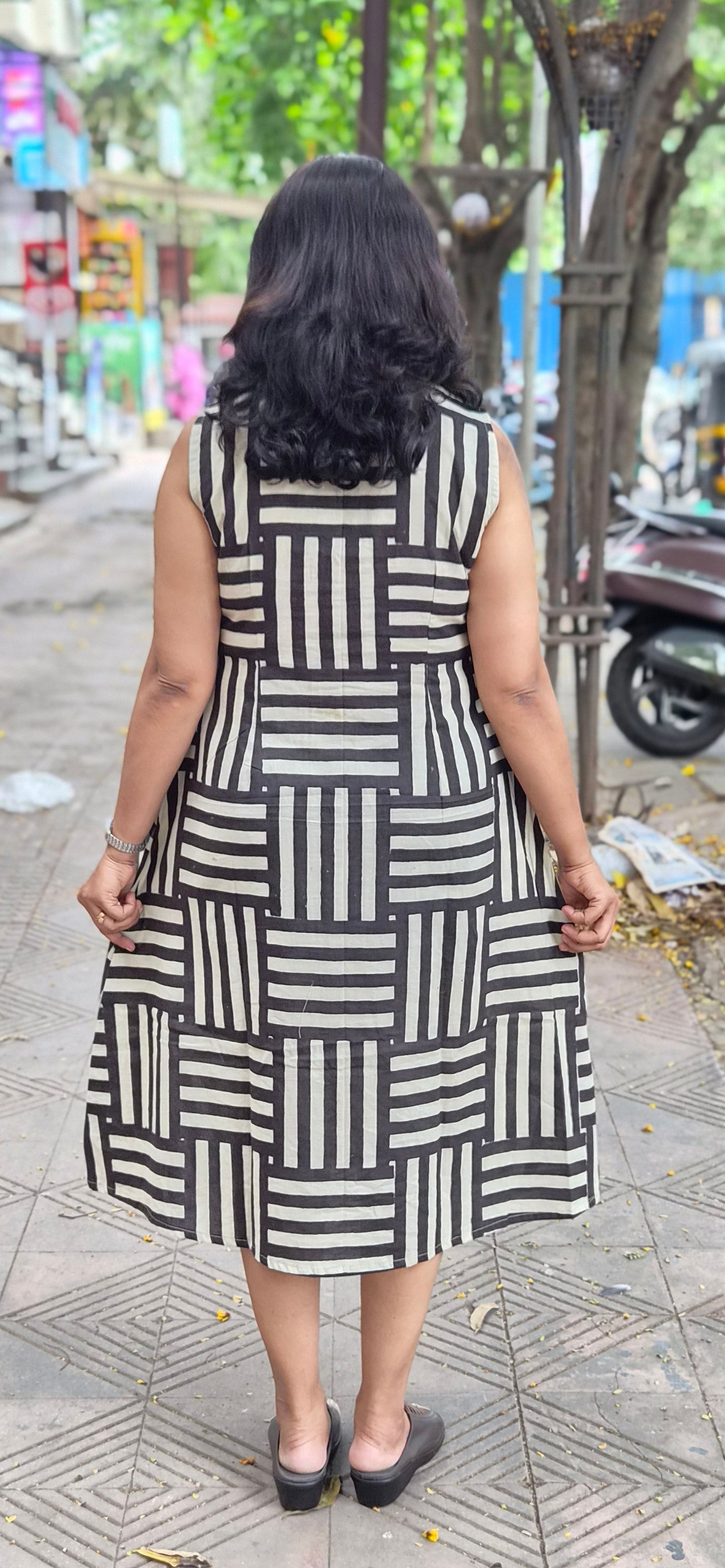 Off White Pure Cotton Bagru Knee Length One Piece
