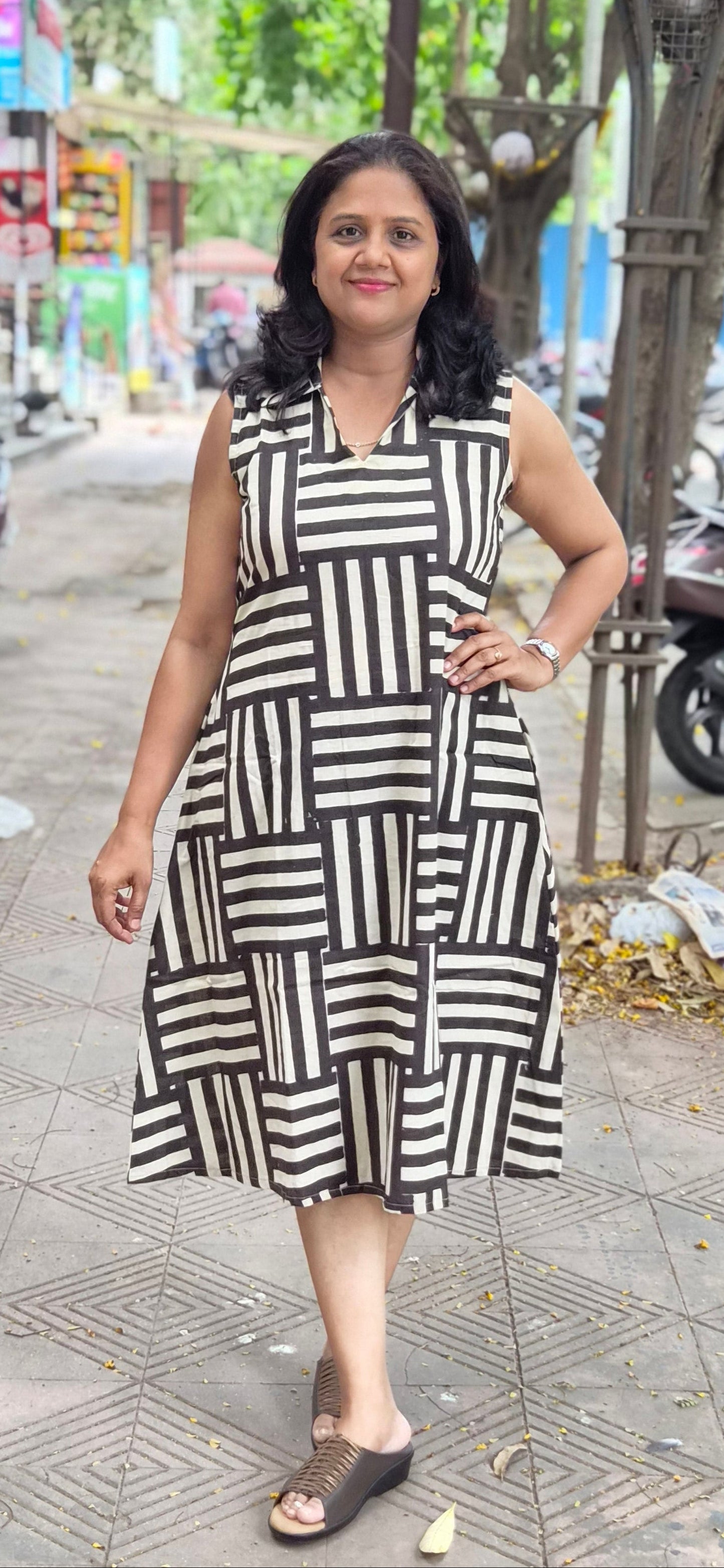 Off White Pure Cotton Bagru Knee Length One Piece