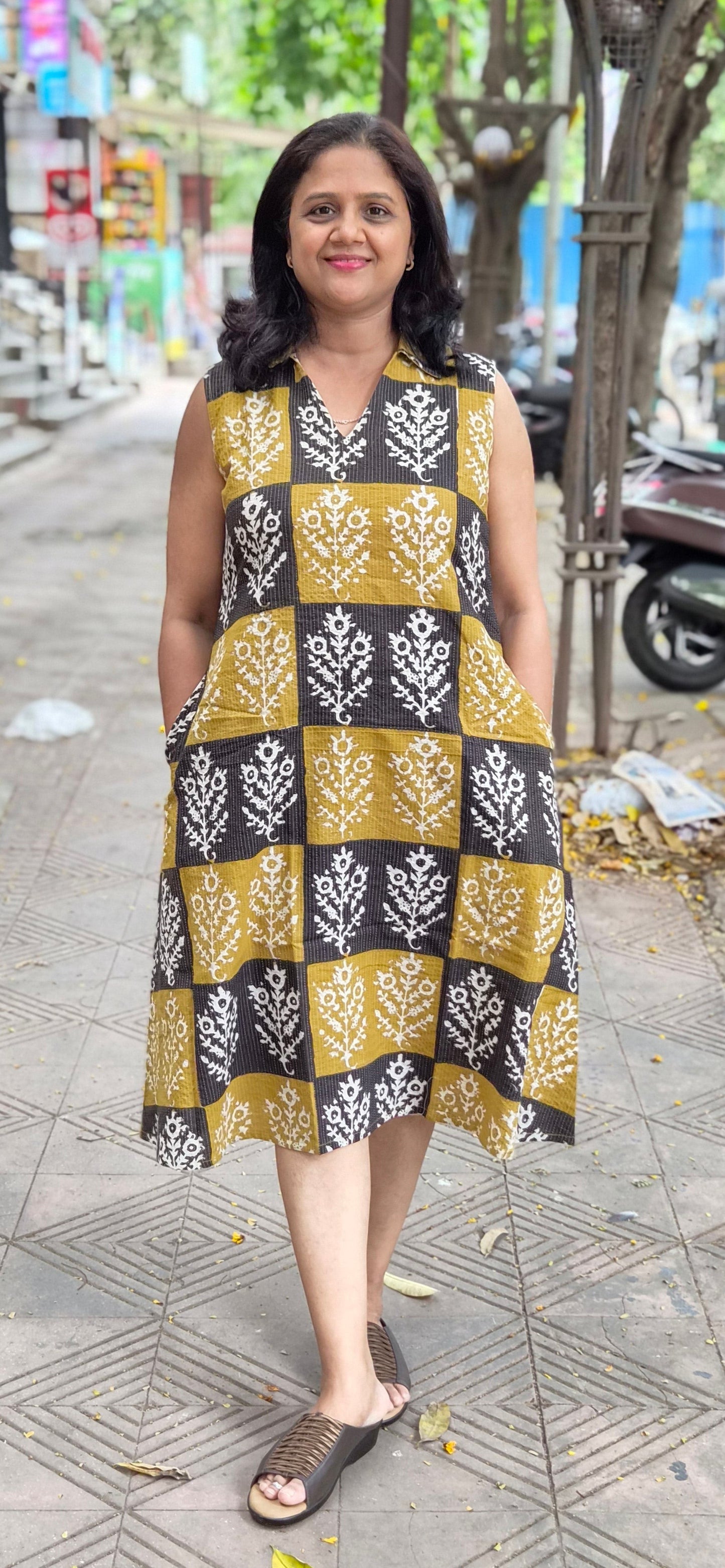 Mustard Yellow Kantha Cotton Knee Length One Piece