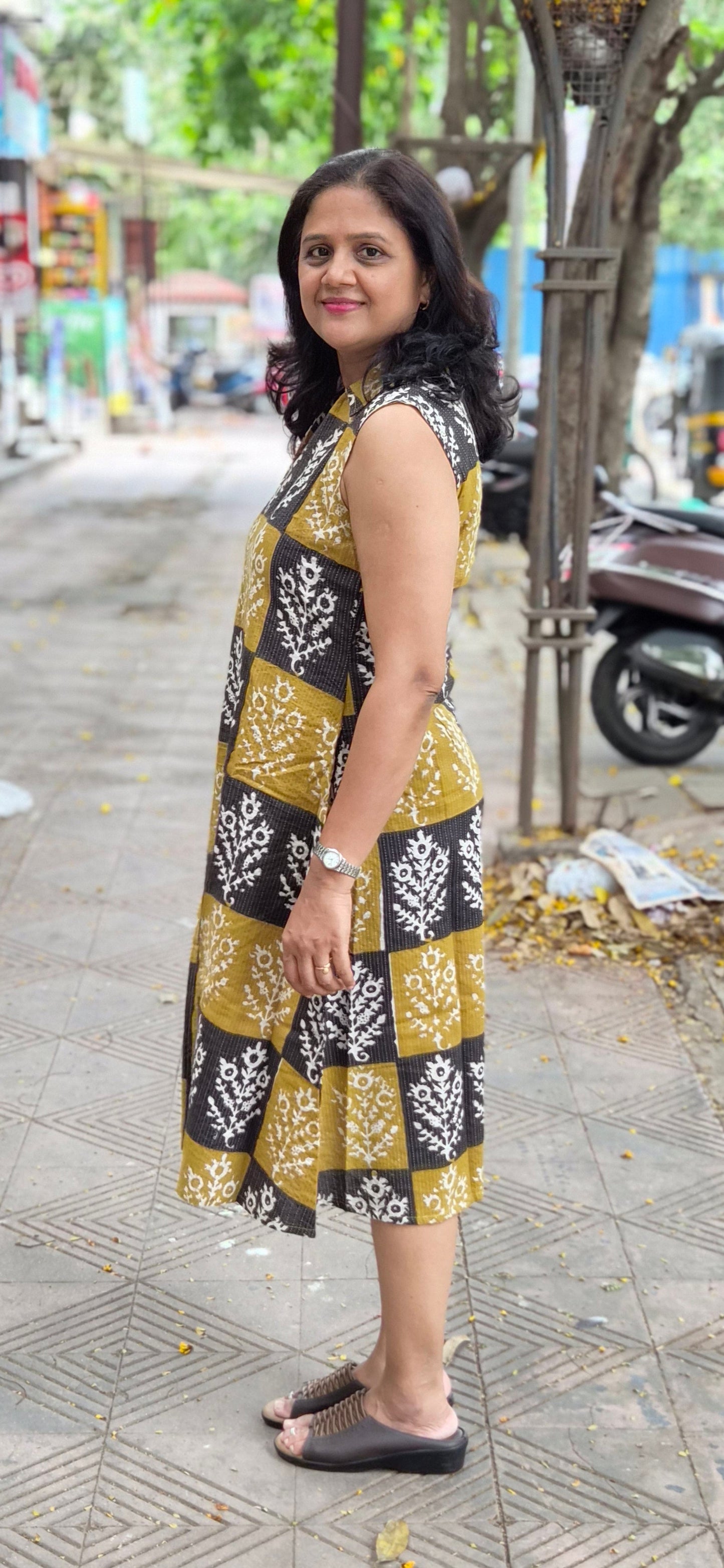 Mustard Yellow Kantha Cotton Knee Length One Piece