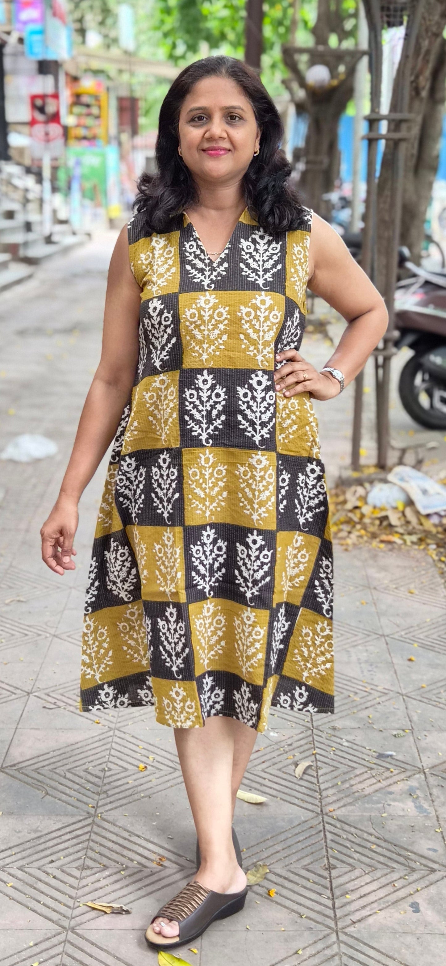 Mustard Yellow Kantha Cotton Knee Length One Piece